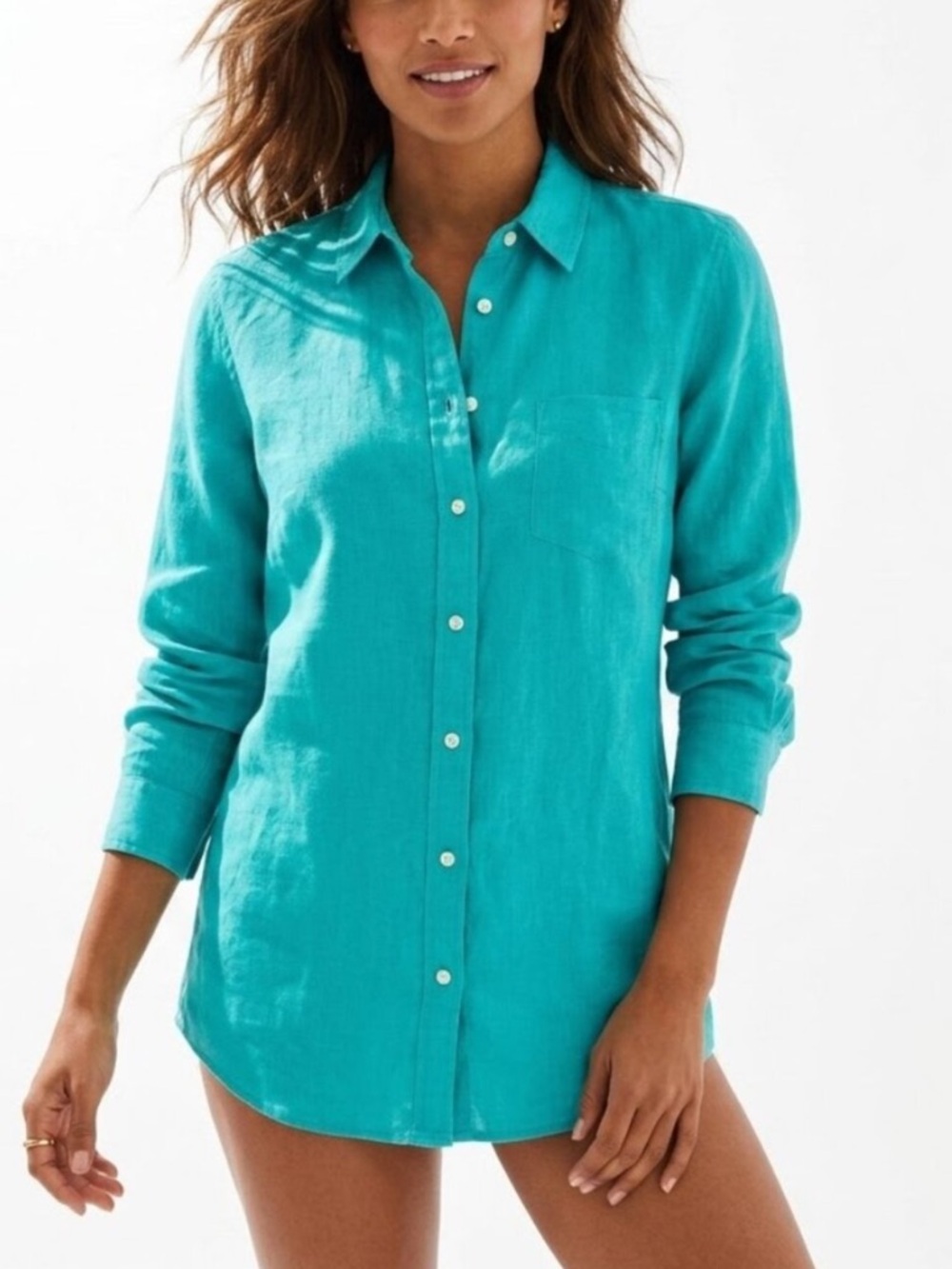 OLD NAVY Coastal Grandmother Teal Linen Blend Button Down Shirt Large